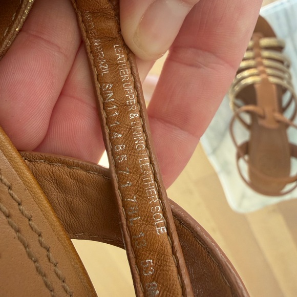 Tory Burch Size 8 Camel Tan and Gold Strappy Heels Metallic Leather Sandal Shoes - Picture 13 of 15